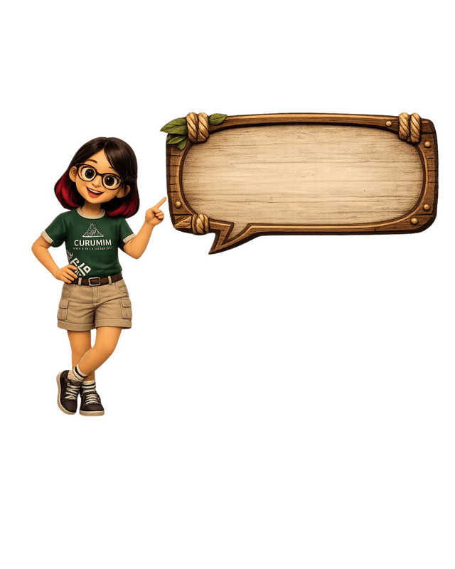 Personagem CuruQuest com balão de fala, representando a comunicação com as famílias