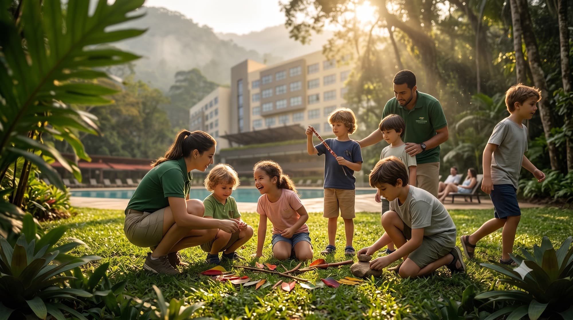 Recreador e crianças em atividade ao ar livre, com o hotel ao fundo entre a vegetação