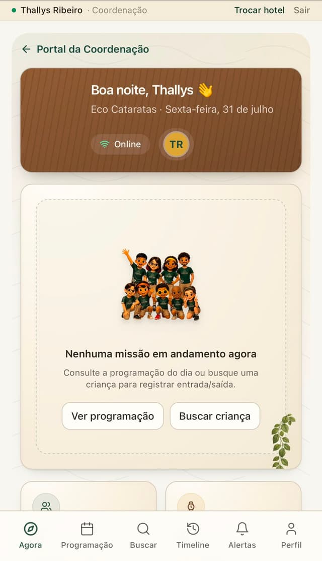 Tela Agora com saudação e status do dia