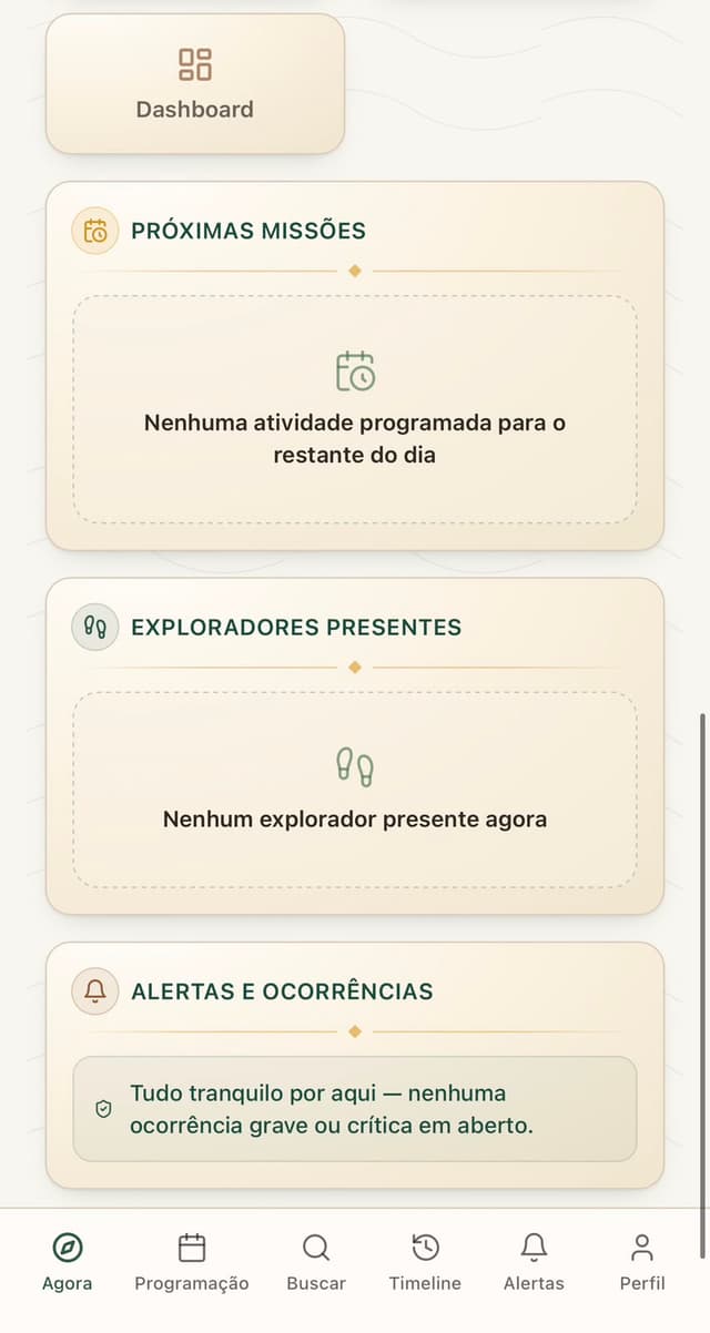 Dashboard com próximas missões e exploradores presentes