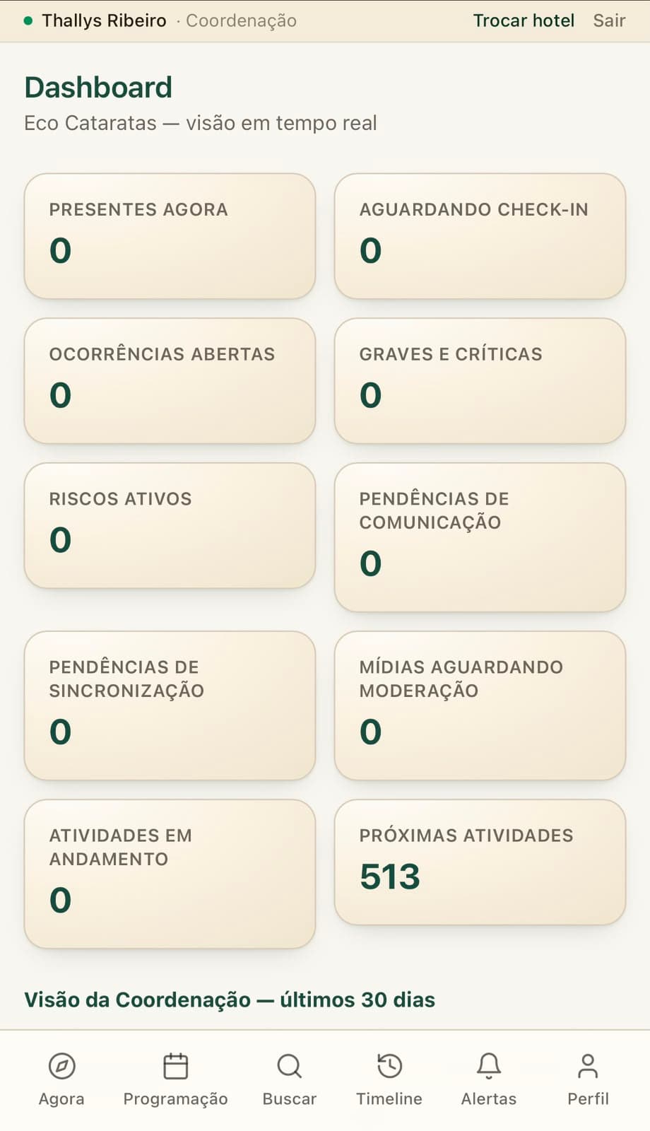 Dashboard operacional do CuruQuest com indicadores em tempo real: presentes agora, aguardando check-in, ocorrências abertas, riscos ativos e próximas atividades