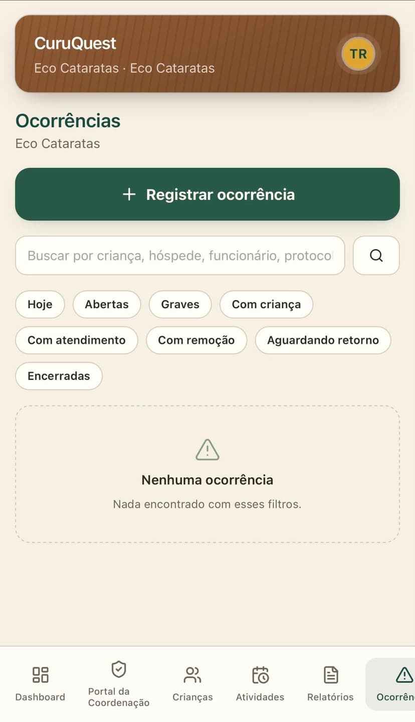 Tela de ocorrências e filtros do CuruQuest
