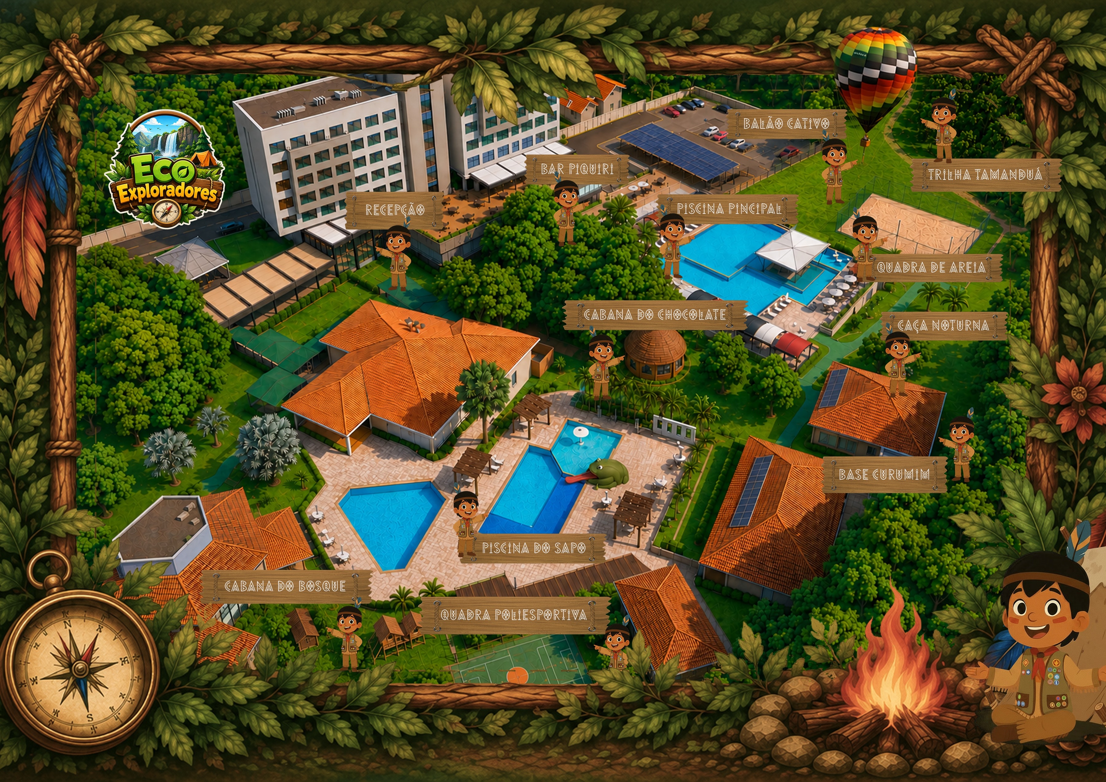 Mapa ilustrado do Eco Cataratas Resort com os espaços da recreação Eco Exploradores